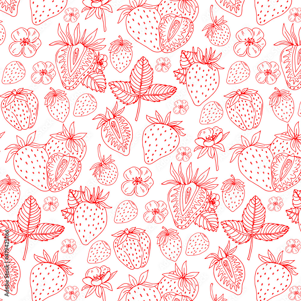 Line drawn doodle strawberries on white background. Seamless summer cute pattern. Good for packaging. Line drawn doodle strawberries on white background. Seamless summer cute pattern. Good for packaging.