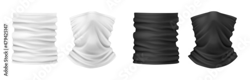 Face buff and bandana masks black and white. Realistic neck wear warming cloth for male and female photo
