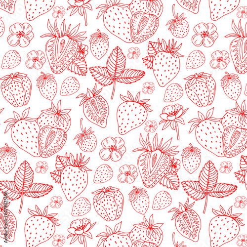 Line drawn doodle strawberries on white background. Seamless summer cute pattern. Good for packaging.