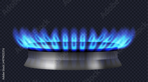 Realistic gas burner with blue flame. Burner of modern gas stove or oven for food cooking photo
