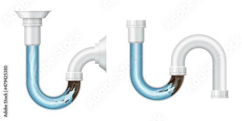 Realistic drain pipe clogged with mud, 3d set. Sink pipe with liquid cleaning detergent effect