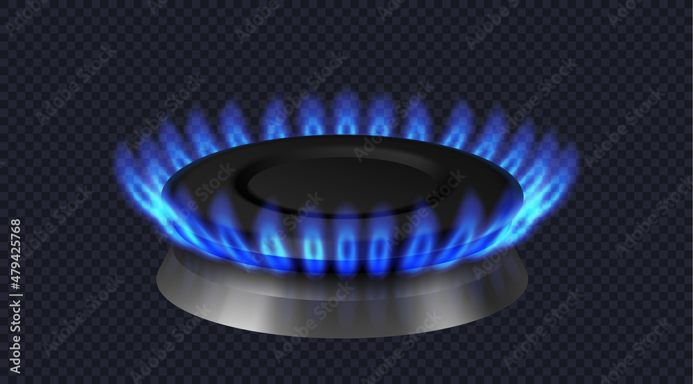 Modern gas burner with blue flame. Front view gas burner ring. Realistic burner propane butane oven Modern gas burner with blue flame. Front view gas burner ring. Realistic burner propane butane oven