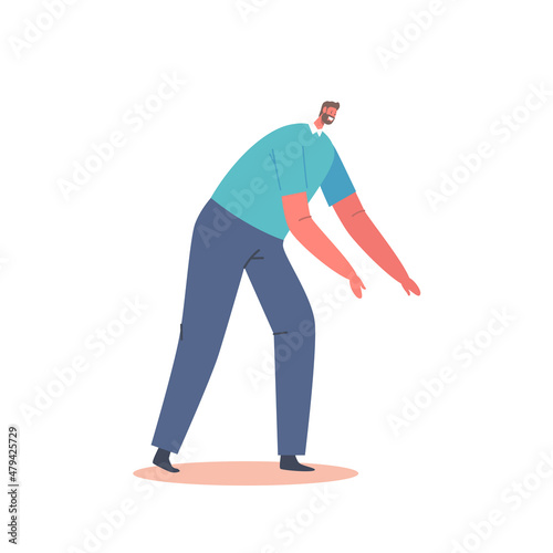 Mature Positive Man Bend Over, Single Male Character Wear Blue T-shirt and Trousers Isolated on White Background