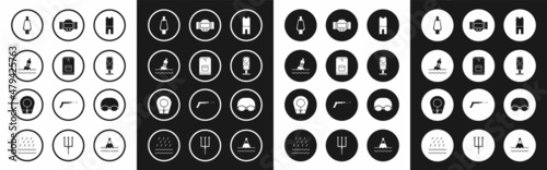 Set Wetsuit for scuba diving, Backpack, Floating buoy on the sea, Carabiner, Gauge scale, Diving watch, Glasses and cap swimming and hood icon. Vector