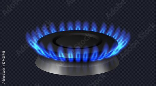 Modern gas burner with blue flame. Front view gas burner ring. Realistic burner propane butane oven