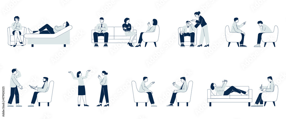 Psychotherapy. Psychologist counseling, therapy and communication. Patient on sofa or chair, different people with stress. Support recent vector set