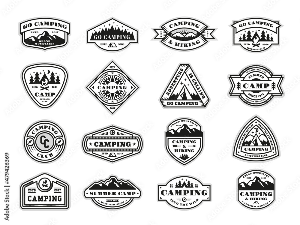 Camping badges. Adventure signs, travellers in mountains. Outdoor extreme travel emblem, vintage hiking and vacations patches, tidy retro vector set