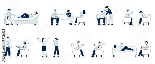 Psychotherapy. Psychologist counseling, therapy and communication. Patient on sofa or chair, different people with stress. Support recent vector set