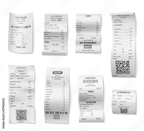 Receipts bill. Paper receipt design, realistic check bills. Store invoice, restaurant cafe atm ticket. Financial documents, banking or market payments exact vector