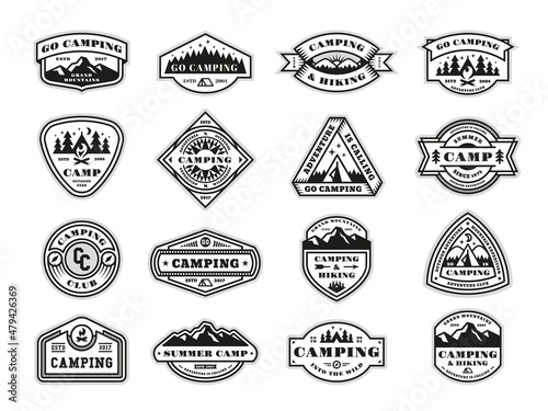 Camping badges. Adventure signs, travellers in mountains. Outdoor extreme travel emblem, vintage hiking and vacations patches, tidy retro vector set