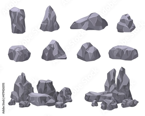 Cartoon natural stones. Rock piles, stone 3d elements. Isolated broken pebbles, giant boulder. Grey cracked mountain and gravel, exact vector collection