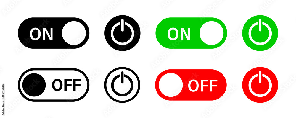Switch toggle buttons ON OFF. Slider interface power icons. Mobile app switch buttons. Stock vector - obrazy, fototapety, plakaty 