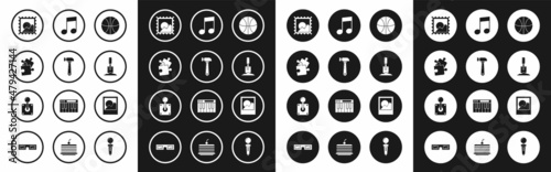 Set Basketball ball, Hammer, Piece of puzzle, Picture landscape, Shovel in the ground, Music note, tone, Photo frames and Joystick for arcade machine icon. Vector