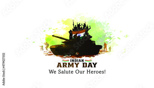 Indian army day. Soldiers on fighter tank with tricolor flag and saluting celebrating victory of indian army. Vector illustration