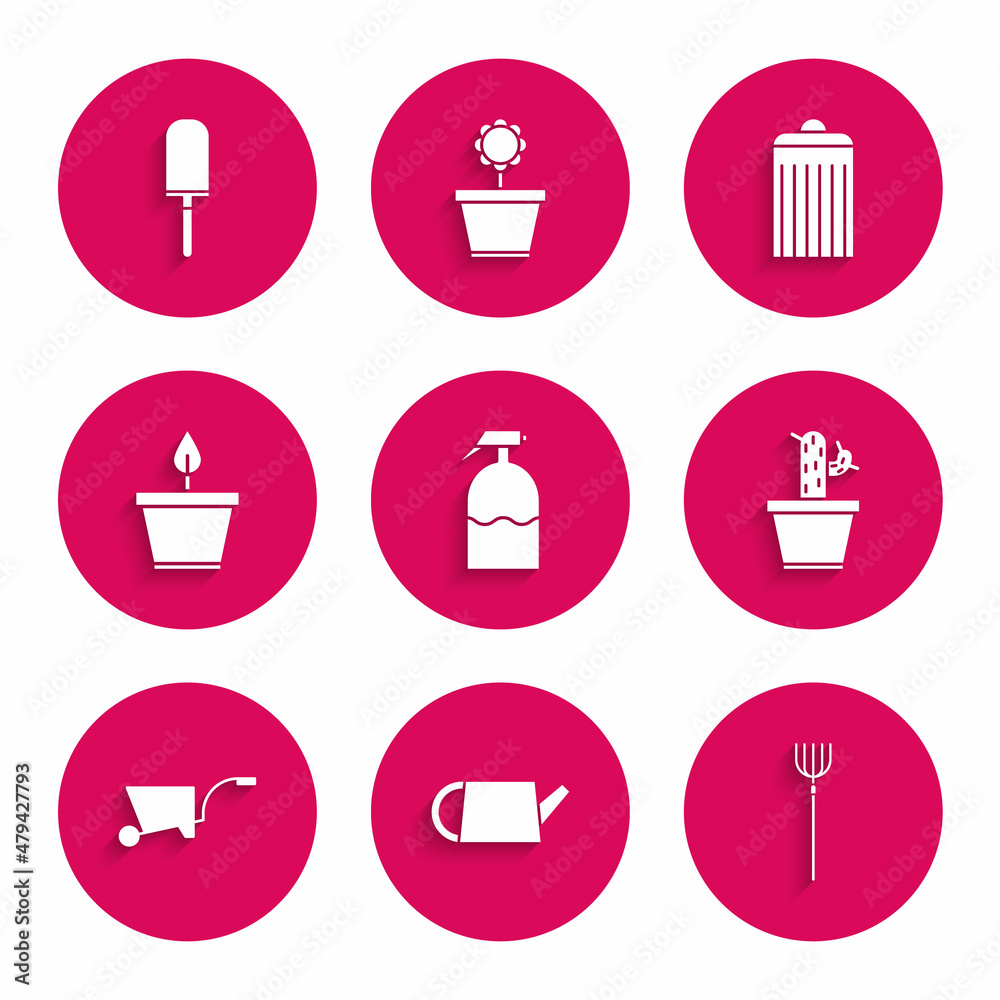 Set Garden sprayer, Watering can, pitchfork, Cactus and succulent pot, Wheelbarrow, Plant, Trash and trowel spade shovel icon. Vector Set Garden sprayer, Watering can, pitchfork, Cactus and succulent pot, Wheelbarrow, Plant, Trash and trowel spade shovel icon. Vector