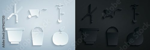 Set Bucket, Grass and weed electric string trimmer, Flower pot, Apple, Wheelbarrow and Gardening handmade scissors icon. Vector