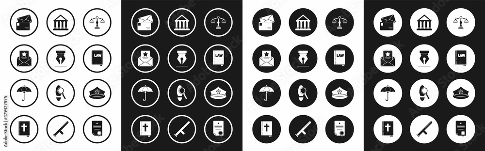 Set Scales of justice, Fountain pen nib, The arrest warrant, Envelope, Law book, Courthouse building, Police cap with cockade and Umbrella icon. Vector Set Scales of justice, Fountain pen nib, The arrest warrant, Envelope, Law book, Courthouse building, Police cap with cockade and Umbrella icon. Vector