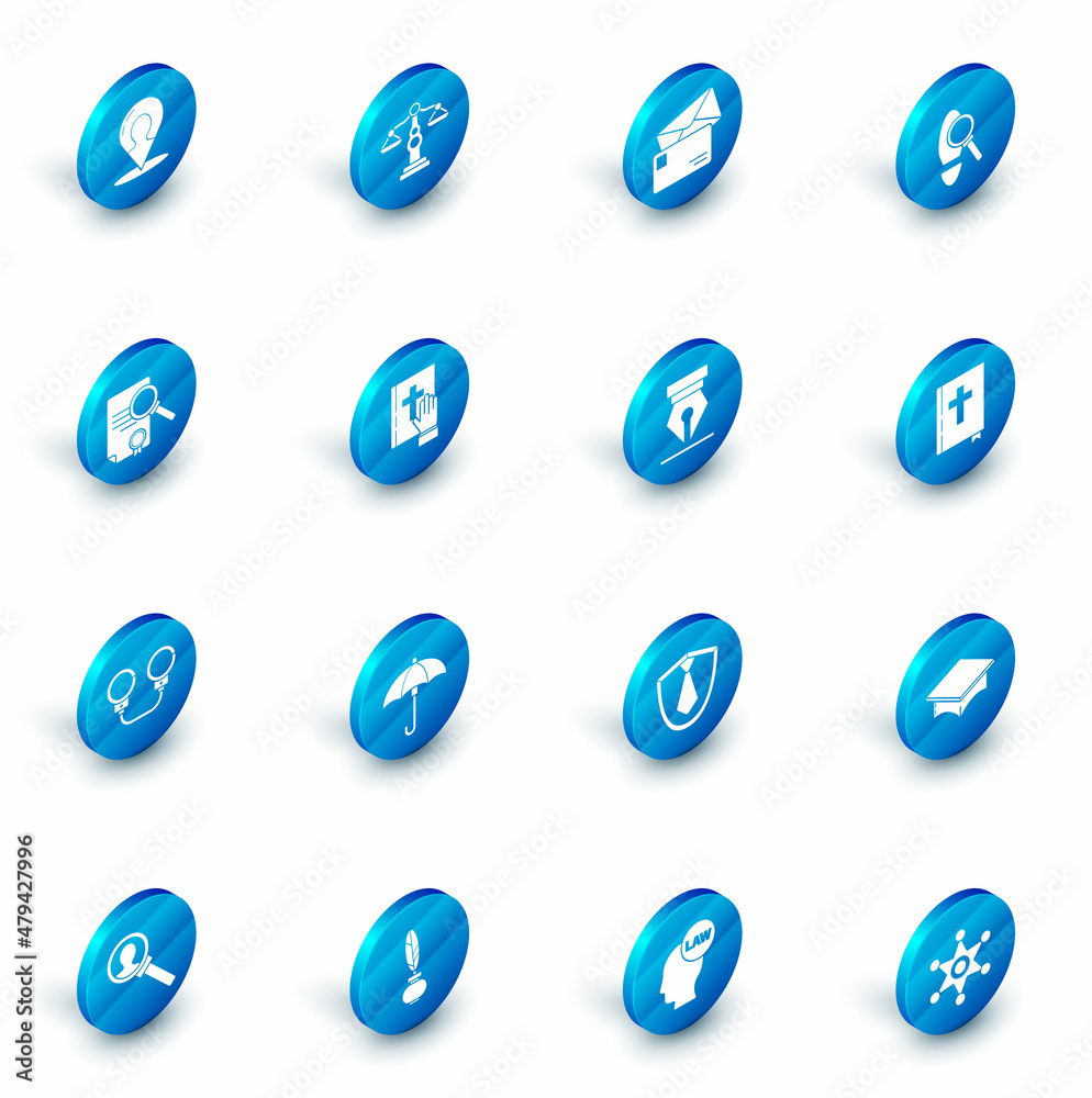 Set Scales of justice, Envelope, Magnifying glass with footsteps, Document search, Handcuffs, Oath on the Holy Bible, bible book and Fountain pen nib icon. Vector Set Scales of justice, Envelope, Magnifying glass with footsteps, Document search, Handcuffs, Oath on the Holy Bible, bible book and Fountain pen nib icon. Vector