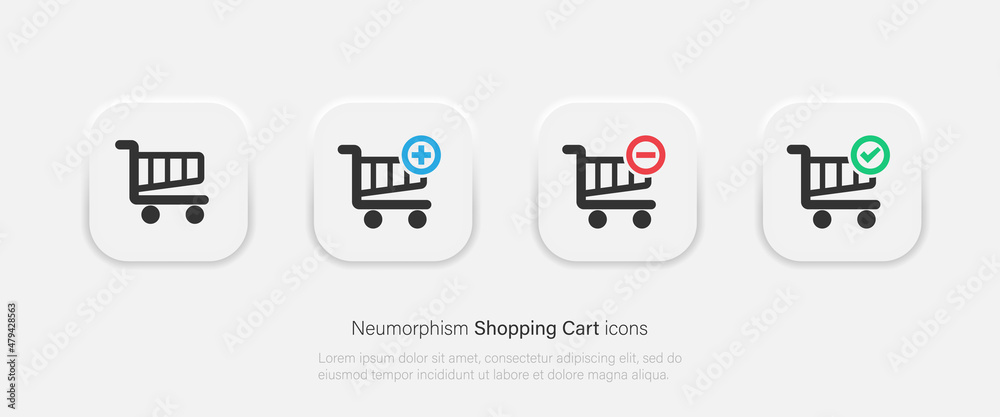 Shopping cart vector icons set. Shopping cart in trendy neumorphism style. Vector EPS 10 Shopping cart vector icons set. Shopping cart in trendy neumorphism style. Vector EPS 10
