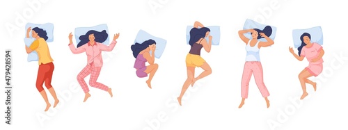 Woman sleep. Female sleeping positions, vector illustration
