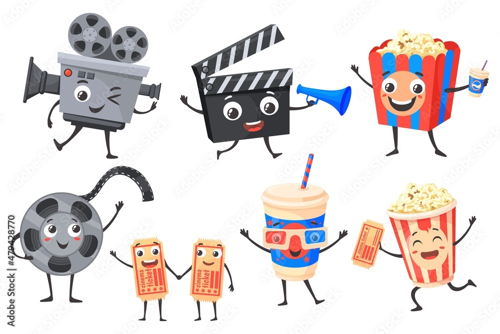 Cartoon cinematography characters. Cartoon cinema icon, funny cute