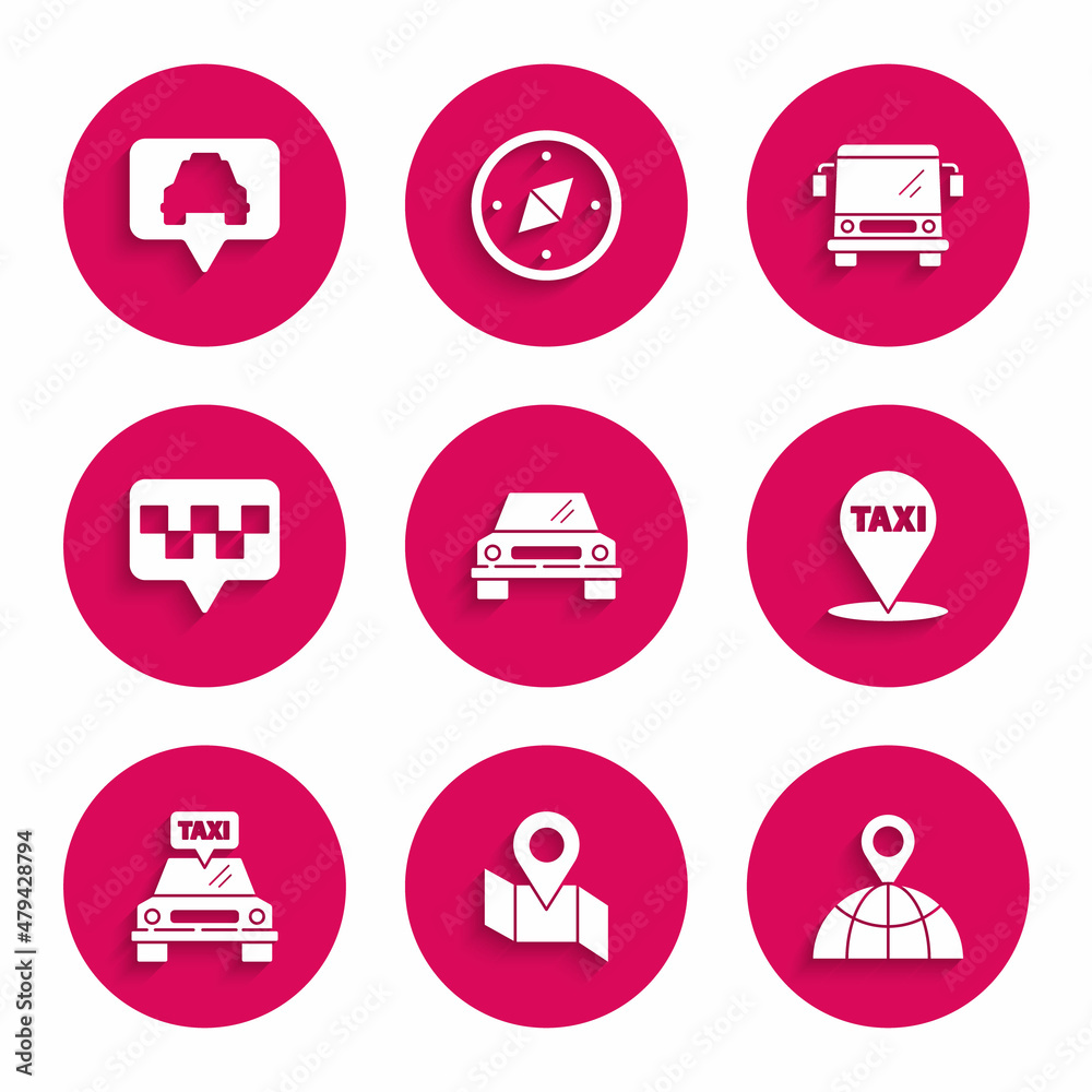 Set Car, Folded map with location marker, Location the globe, Map pointer taxi, Taxi car, Bus and icon. Vector Set Car, Folded map with location marker, Location the globe, Map pointer taxi, Taxi car, Bus and icon. Vector