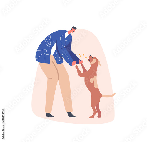 Male Character Holding Dog Paws, Owner Meet Pet after Work at Home. Happy Man Greeting Pet Having Leisure, Friendship