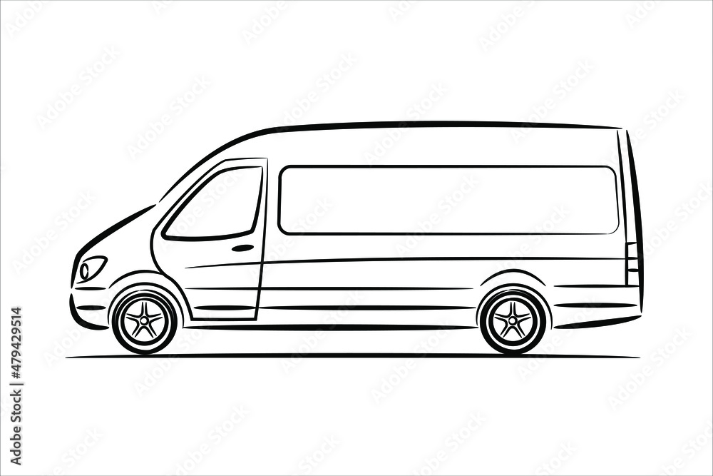 Cargo van abstract silhouette line art view from side. Vector illustration on white background.