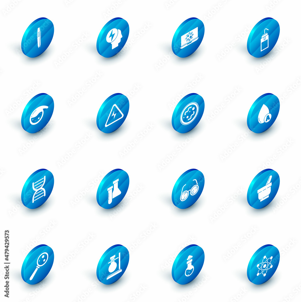 Set Head and electric symbol, Bacteria on laptop, Laboratory wash bottle, Test tube flask chemical, DNA, High voltage sign, Water drop and icon. Vector Set Head and electric symbol, Bacteria on laptop, Laboratory wash bottle, Test tube flask chemical, DNA, High voltage sign, Water drop and icon. Vector