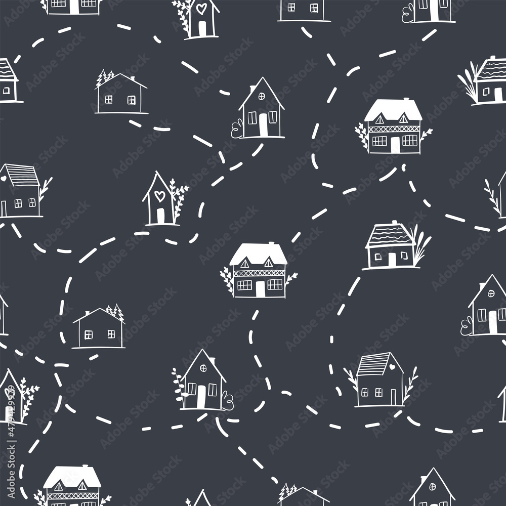 Cute hand drawn houses seamless pattern on white background. Perfect for fabric, textile, wrapping paper, wallpaper. Line map of little village