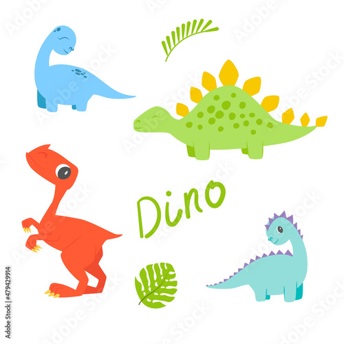 Childish colorful dinosaur vector set for fashion clothes  fabric  posters  stickers isolated on white