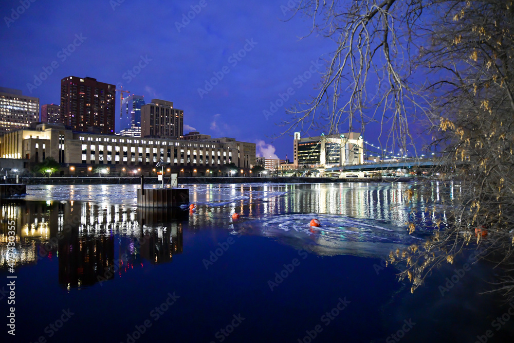 City skyline under winter sunrise colors