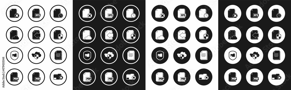 Set Document with clock, Next page arrow, Cloud storage text document, Delete file, protection concept, EPS, and folder icon. Vector Set Document with clock, Next page arrow, Cloud storage text document, Delete file, protection concept, EPS, and folder icon. Vector
