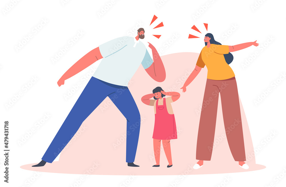 Angry Parents Figure Out Relations, Frightened Child Cover Ears Stand between them. Mother and Father Characters Yell Angry Parents Figure Out Relations, Frightened Child Cover Ears Stand between them. Mother and Father Characters Yell
