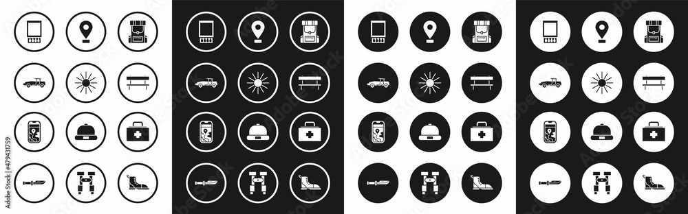 Set Hiking backpack, Sun, Car, Open matchbox and matches, Bench, Location, First aid kit and City map navigation icon. Vector Set Hiking backpack, Sun, Car, Open matchbox and matches, Bench, Location, First aid kit and City map navigation icon. Vector