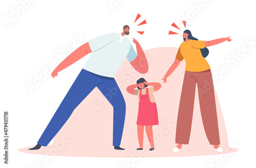 Angry Parents Figure Out Relations, Frightened Child Cover Ears Stand between them. Mother and Father Characters Yell