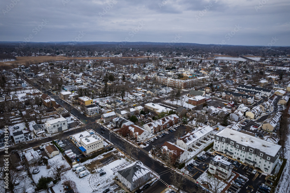 Aerial Drone of Snow in Red Bank New Jersey 