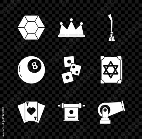 Set Magic stone, Crown, Witches broom, Playing cards, scroll, Cannon, ball of predictions and Game dice icon. Vector