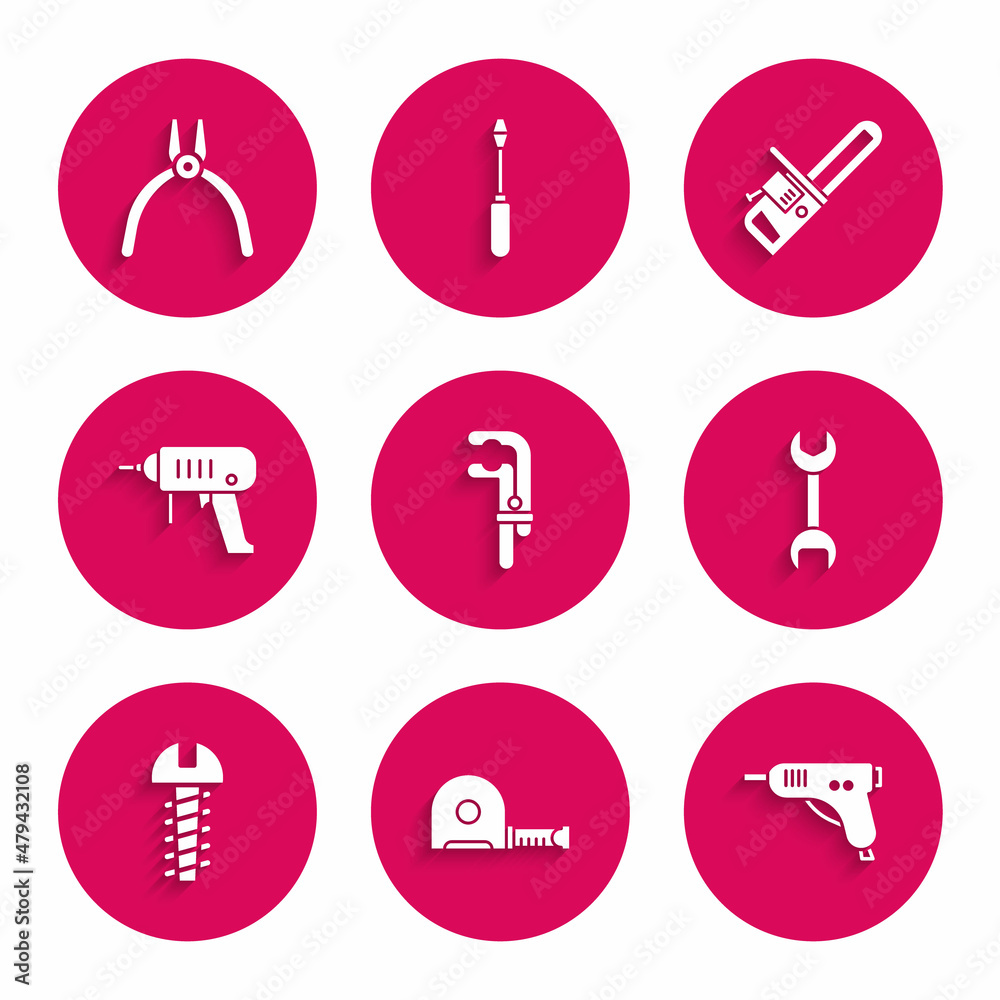 Set Clamp tool, Roulette construction, Electric hot glue gun, Wrench spanner, Metallic screw, drill machine, Chainsaw and Pliers icon. Vector Set Clamp tool, Roulette construction, Electric hot glue gun, Wrench spanner, Metallic screw, drill machine, Chainsaw and Pliers icon. Vector