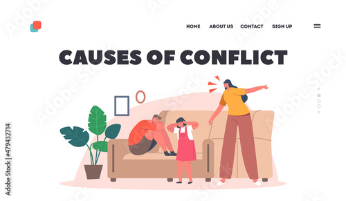 Causes of Conflict Landing Page Template. Family Characters Mother, Son and Daughter, Woman Blaming and Scolding Kids