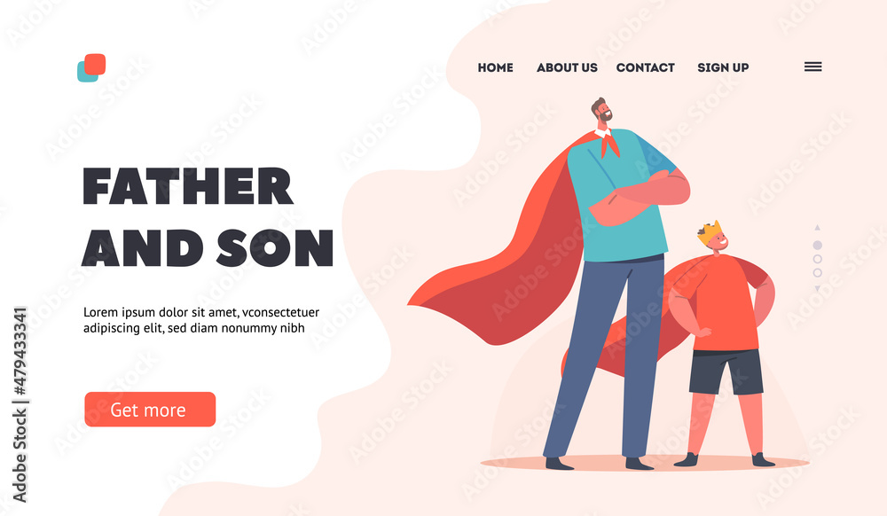 Father and Son Landing Page Template. Superfamily, Parent and Child. Happy Family Characters in Superhero Costumes