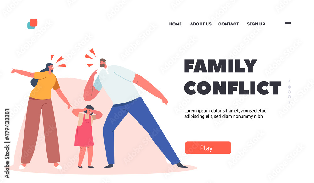 Family Conflict Landing Page Template. Angry Parents Figure Out Relations, Frightened Child Cover Ears Stand between