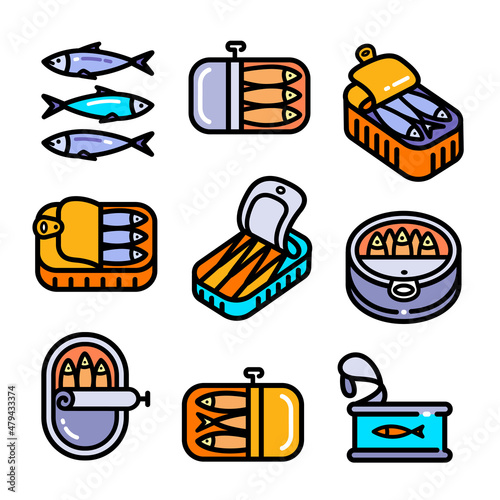 sardines tin can flat icons set