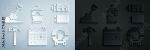 Set Calendar death, Crematorium, Hammer, Memorial wreath, Funeral urn and Shovel in the ground icon. Vector