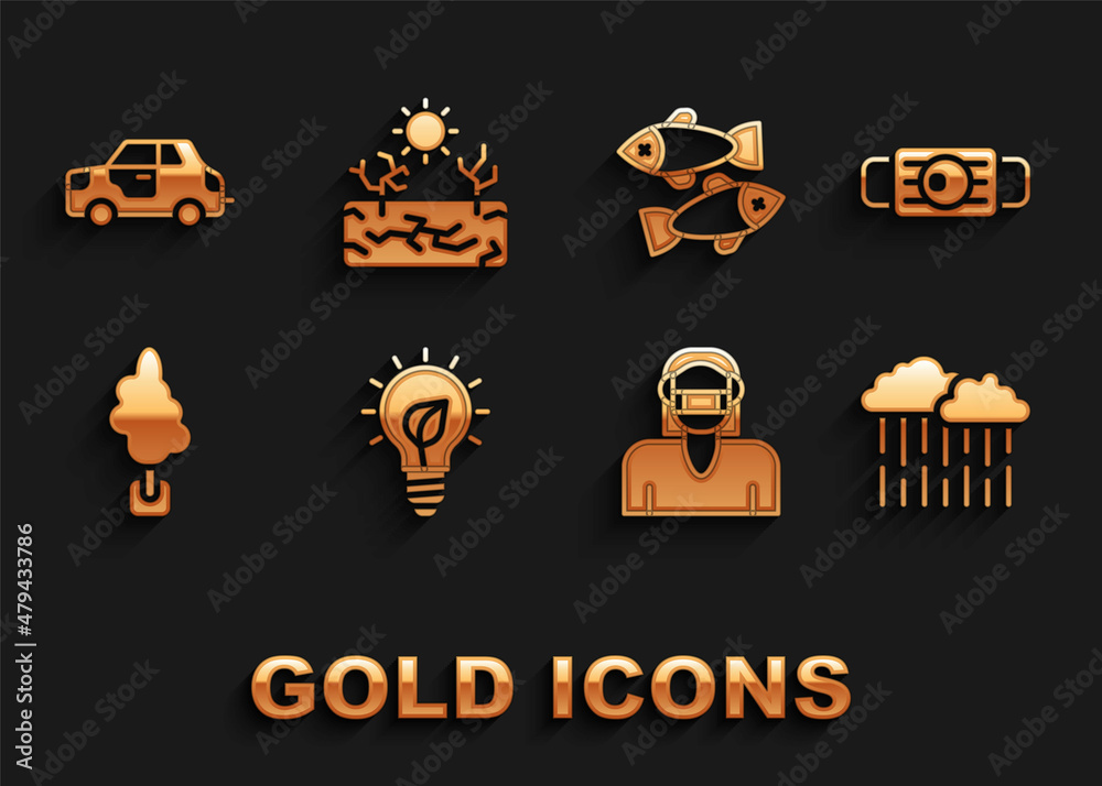 Set Light bulb with leaf, Medical protective mask, Cloud rain, Face, Tree, Dead fish, Car and Drought icon. Vector Set Light bulb with leaf, Medical protective mask, Cloud rain, Face, Tree, Dead fish, Car and Drought icon. Vector
