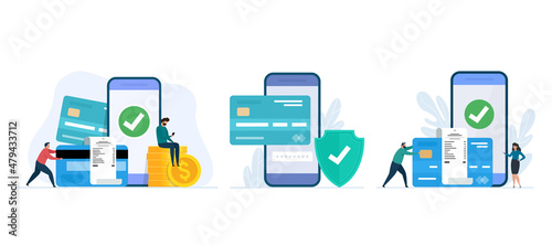 Vector illustration of online mobile banking. Online pay and electronic bill payment. Security transaction. Set of Mobile banking app design concepts.