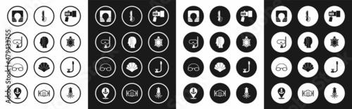 Set Flashlight, Diving hood, mask and snorkel, Life jacket, Turtle, Knife, Snorkel and Glasses cap icon. Vector