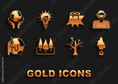 Set Forest, Face in protective mask, Tree, Withered tree, Global warming, stump, Hands holding Earth globe and Light bulb with leaf icon. Vector