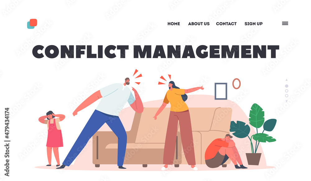 Conflict Management Landing Page Template. Problems between Parents and Children . Characters Mother and Father Yelling Conflict Management Landing Page Template. Problems between Parents and Children . Characters Mother and Father Yelling