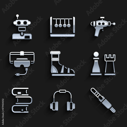 Set Slippers with socks, Headphones, Audio jack, Chess, Book, Virtual reality glasses, Ray gun and Robot icon. Vector